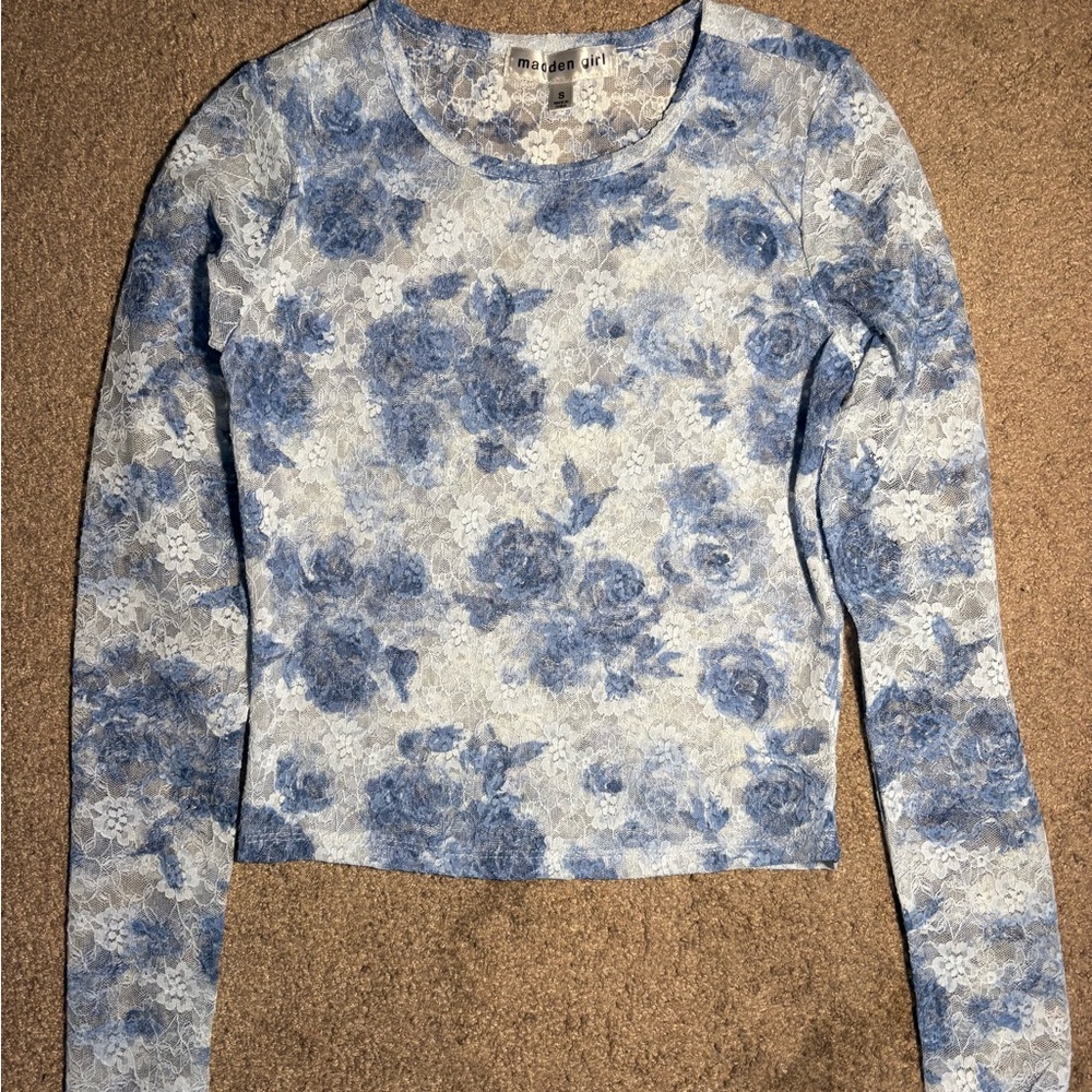 Madden Girl Blue and White Floral Long Sleeve Top